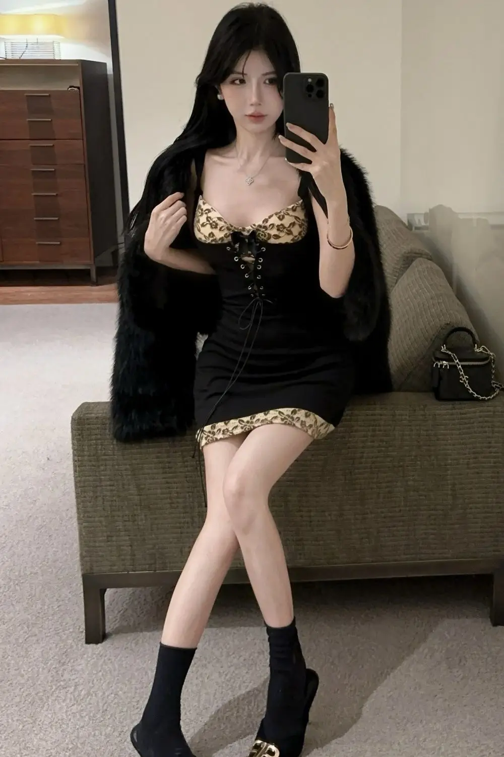 Hot Girl Hollow Slim Bow Splicing Suspender Dress Sexy Backless Color-blocking Hip-packing Skirt