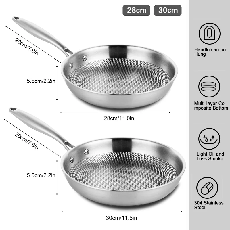 28/30cm Five Layer Flat Frying Pan Food Grade 304 Stainless Steel Non-stick Cooking Pot Omelet Kitchen Cookware Pot Cover