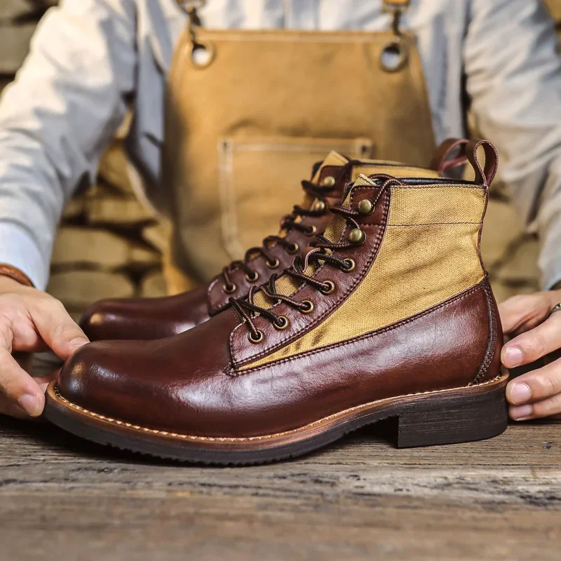 2026 Men's Boots Retro Booties Tooling Boots High-top Breathable PU Leather New Men's Shoes