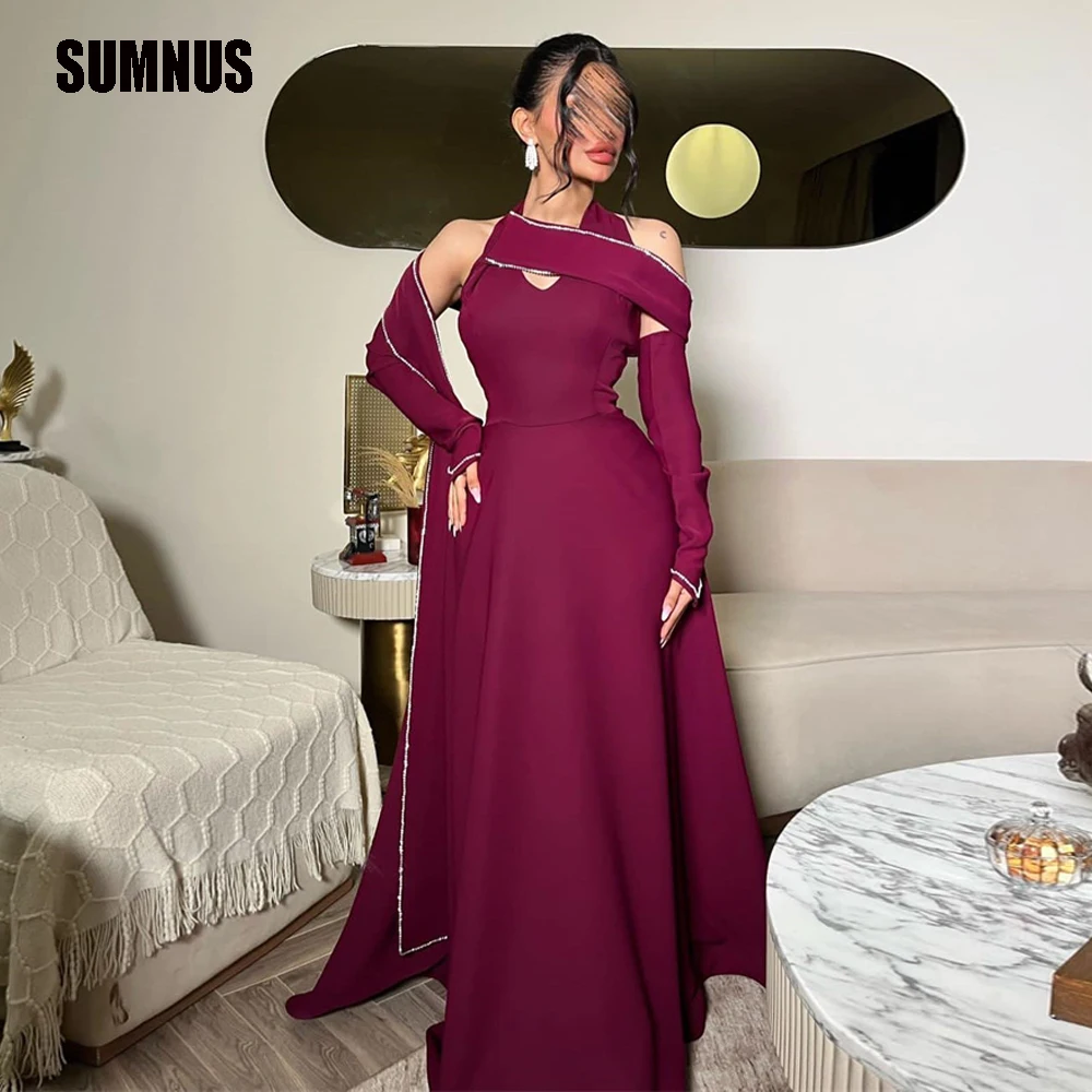 

SUMNUS Modern Saudi Arabic Women Evening Dresses Halter Floor Length Prom Gowns New Long Formal Party Simple Detachale Sleeves