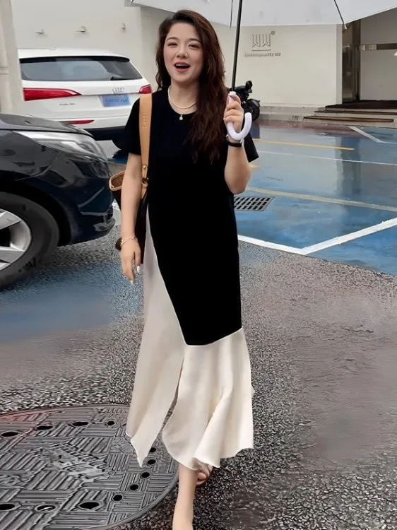 plus Size Korean Style Chic Ruffle Short Sleeve Fake Two-Piece Dress Summer Slimming Long Skirt Breathable Comfortable Casual...
