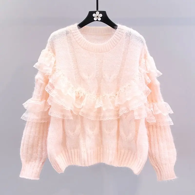 Lace Fungus Stitching Knitted Cardigan Women Sweet Temperament Long Sleeve Sweater Top O-neck Fashion Sweaters for Women