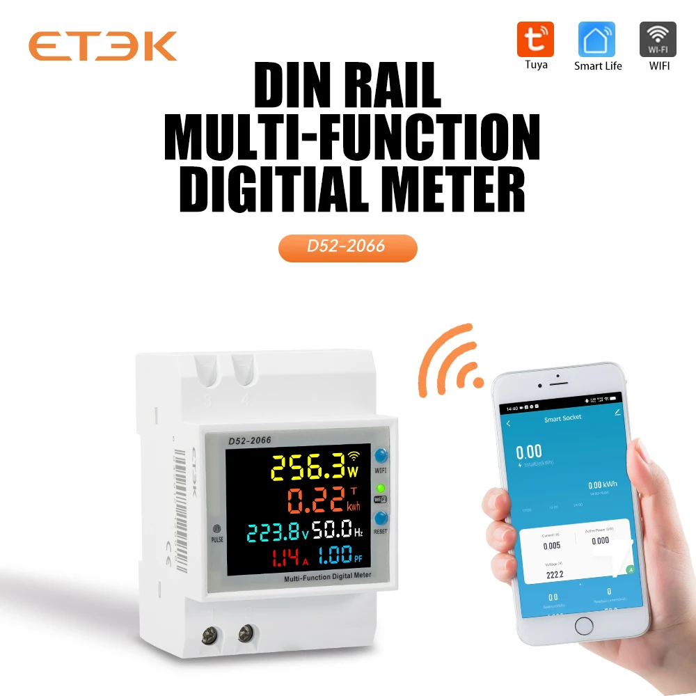 ETEK 6in1Din Rail AC Monitor Smart Type 110V 220V 380V 100A Voltage Current Power KWH Energy Frequency TUYA Meter EKD52