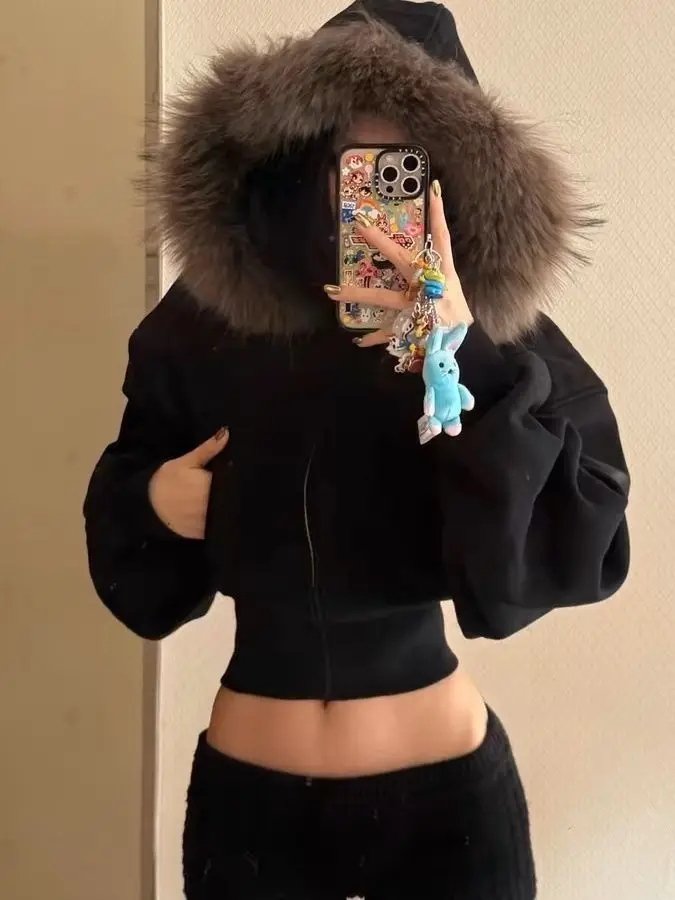 Chaqueta Corta Retro Americana con Cuello de Piel Negra para Mujer, Diseño Cálido de Forro Polar para Otoño e Invierno, Cárdi...