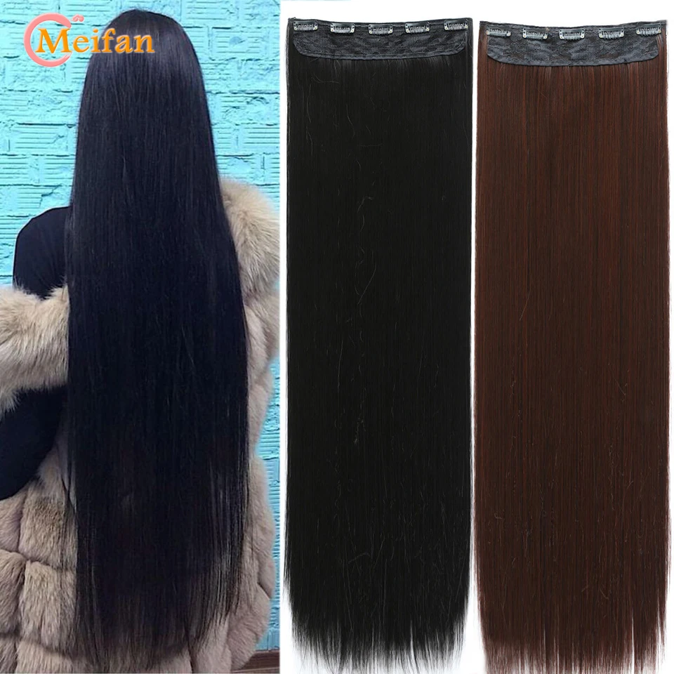 MEIFAN-Extensions de Cheveux Longs Synthétiques, Postiche Naturelle Droite, 5 Clips, Degré de Chaleur, Noir, Marron