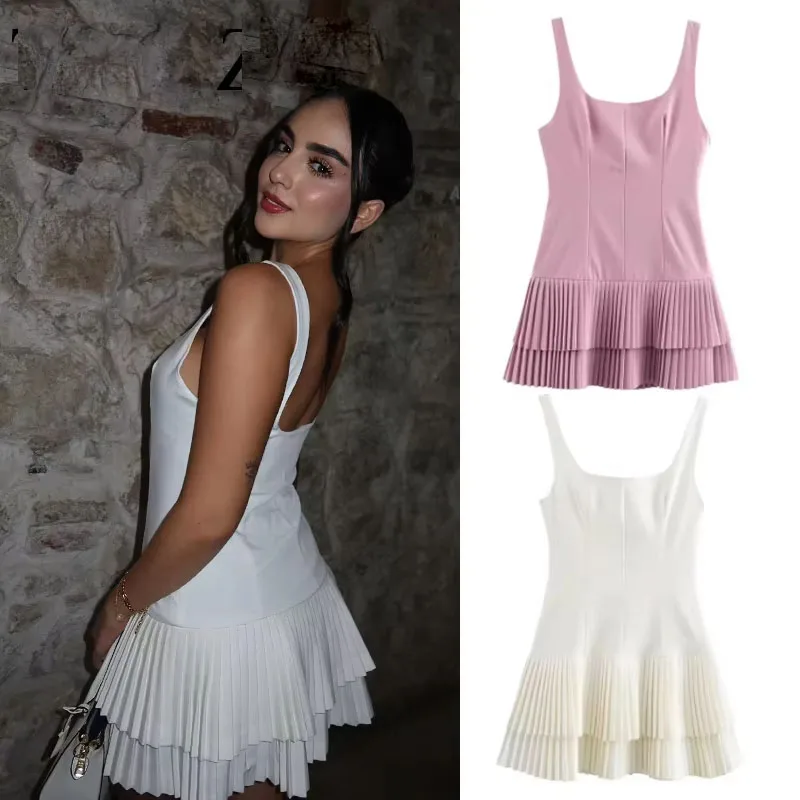 2025 Mujer Chic High Street Slim Vestidos de playa vestido plisado mujeres verano cuello cuadrado blanco sin mangas Mini vestido