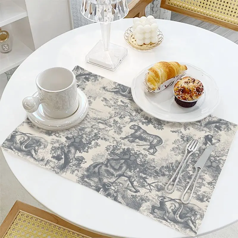 VIKAMA Slate Blue Safari Tiger Elephant Toile Table Mat Placemat Kitchen Decor Dining Room Exotic Vintage Durable Cozy Aesthetic