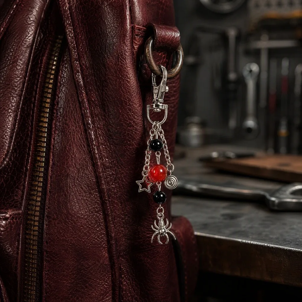 Cool Punk Two-color Beads Spider Pendant Waist Chain Hollowed Star Key Chains for Women Men Trendy Bag Charm Decorative Jewelry