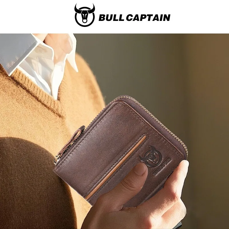 Genuine Leather Men's Horizontal Multi-Slot Business Card Holder Zippered Driver's License Wallet for iPhone Samsung Huawei