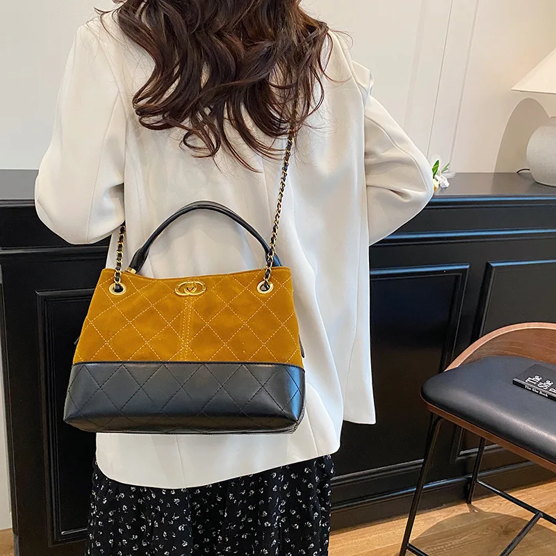 ヴィンテージカラーブロックトートバッグ、女性用、大容量レザーショルダーバッグ、クラシックなチェーンストラップ、仕事やショッピングに使える多用途な財布