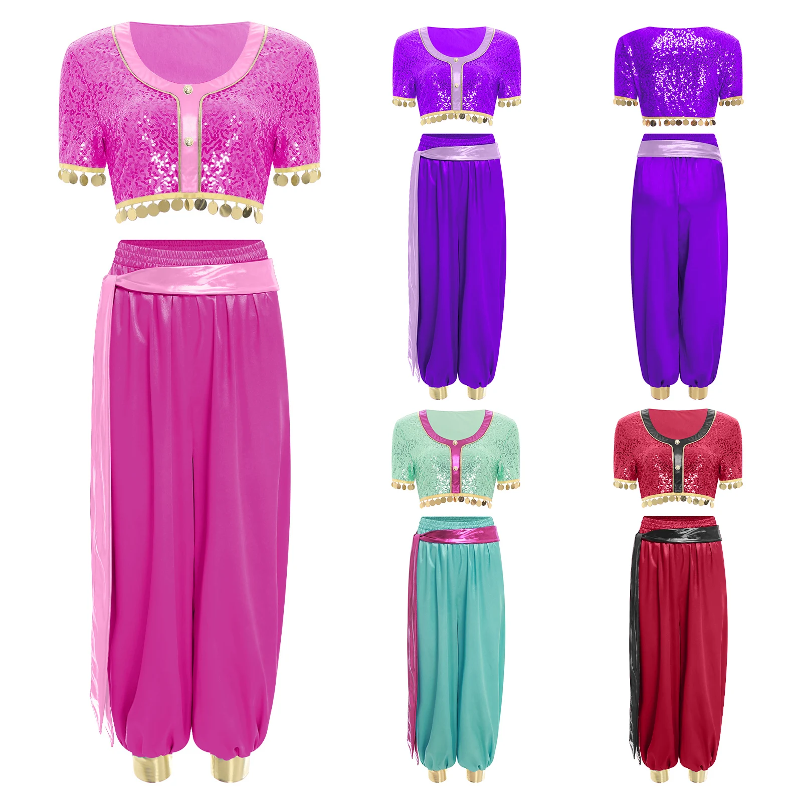 Aladdi Jasmine Princes-traje de Cosplay para mujer, traje de danza del vientre para Halloween, Top corto de manga corta con borlas de lentejuelas, conjunto de pantalones bombachos