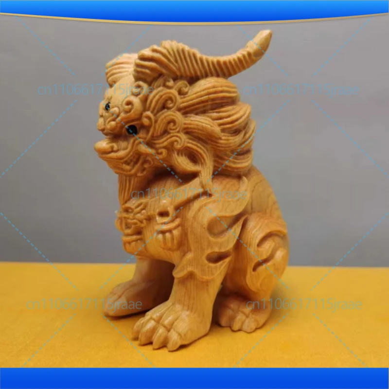 Wood Carving Three-eyed Kirin God Beast Statue Chinese Mythical Animals Home Room Office Features Feng Shui Decorative Statue