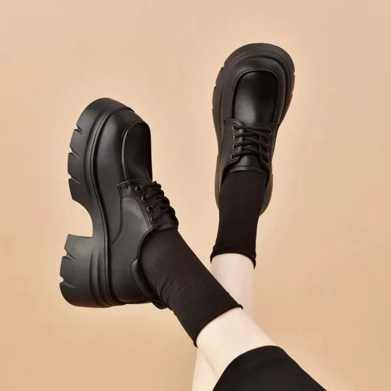 Women's Platform Lace Up Oxford Shoes, Chunky Heel, Faux Leather Upper, Non-Slip Serrated Sole, Vintage British Daily Footwear
