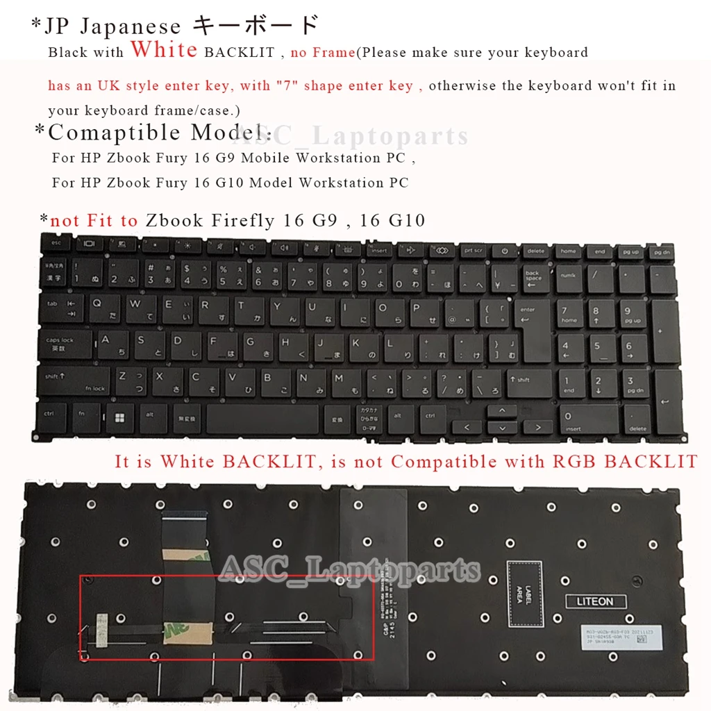 

New Japanese JP Keyboard for HP ZBook Fury 16 G9 , Fury 16 G10 N19205- N192 Laptop Black with White BACKLIT , without Frame
