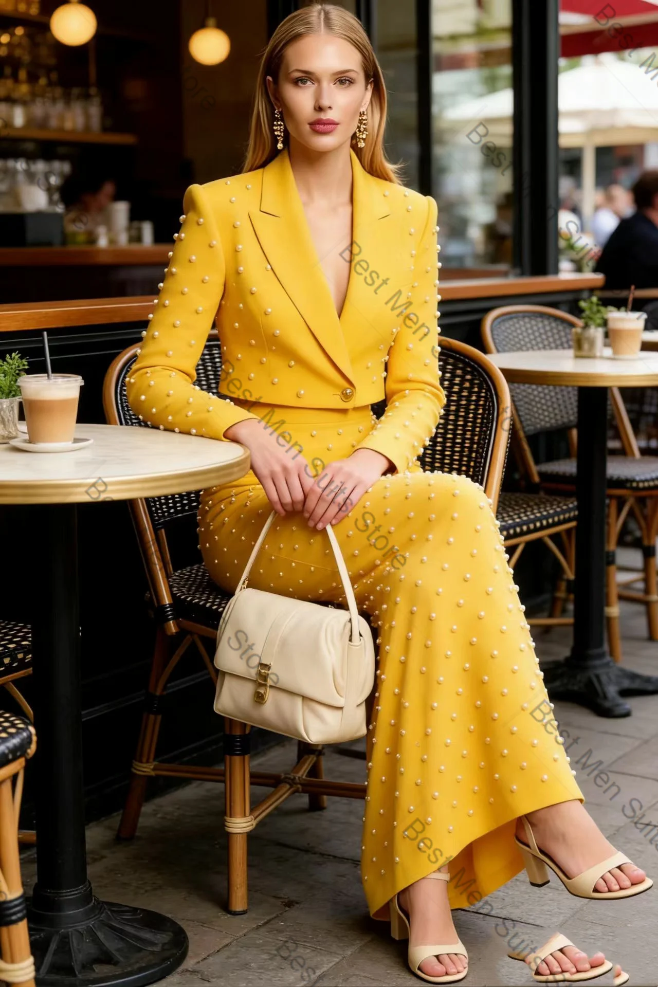 

Pearls Yellow Women Suit Skirt 2 Pcs Blazer Prom Dress Cotton Formal Office Jacket Customized Wedding Tuxedo Guest Coat