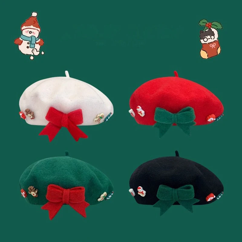 

Xmas Festive Headwear Classic Holiday Colors Painter Hat Christmas Cozy Winter Wool Bow Decorations Women Girls French Beret Hat