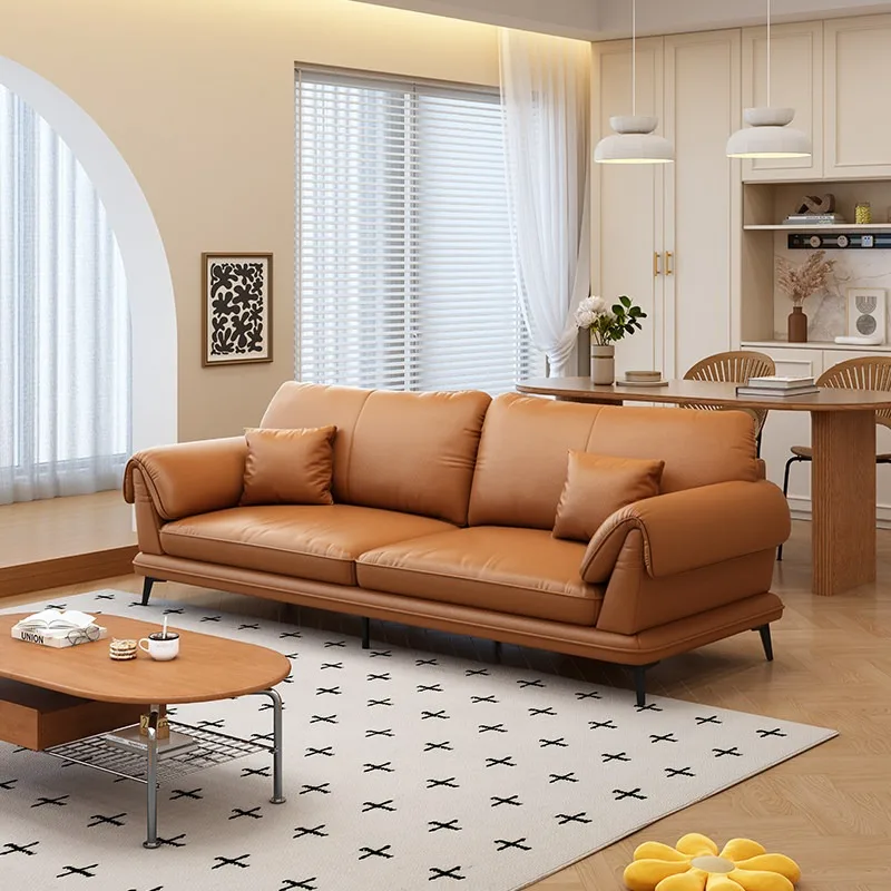 Italian Minimalist Genuine Leather Sofa Top-grain Cowhide Modern Simple Living Room Retro Style Straight Three-Seater Memory