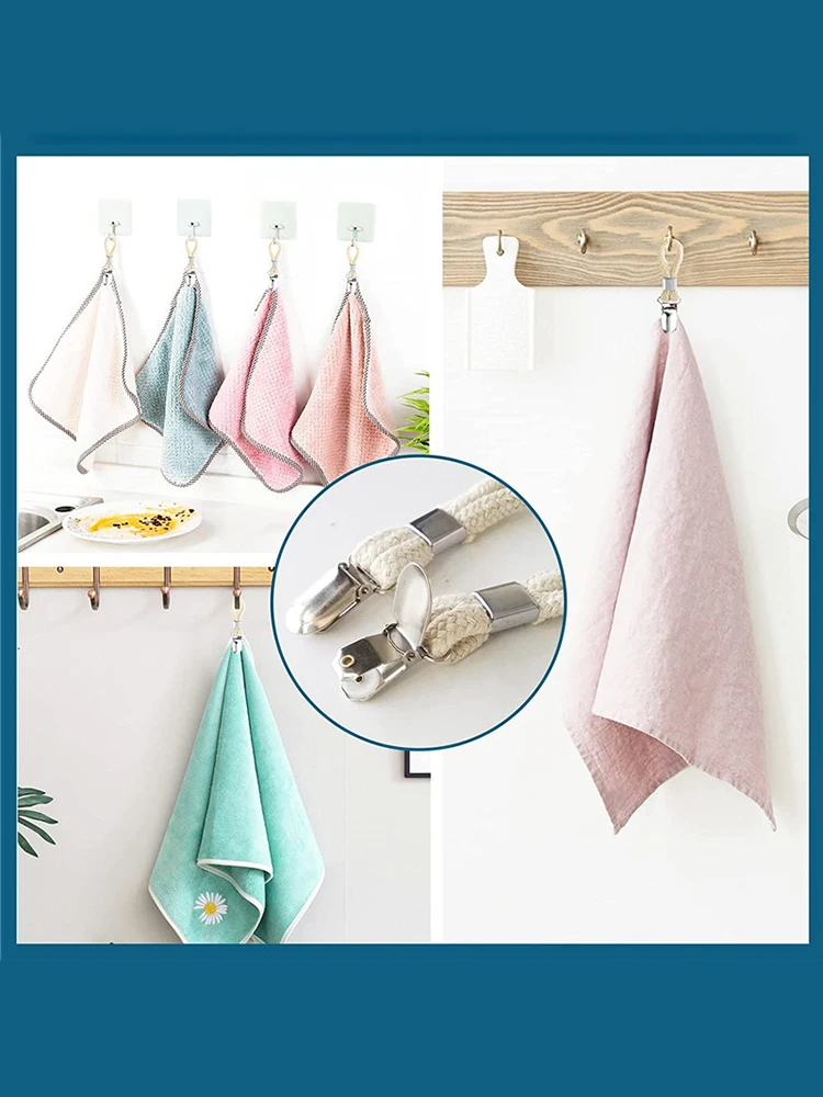 4 Stück Handtuch-Aufhängesclips, geflochtene Mehrzweck-Baumwollschlaufe, Metallhaken, Küchen- und Badezimmer-Aufbewahrungsklammern, Socken- und Kleiderhaken – Detail 6