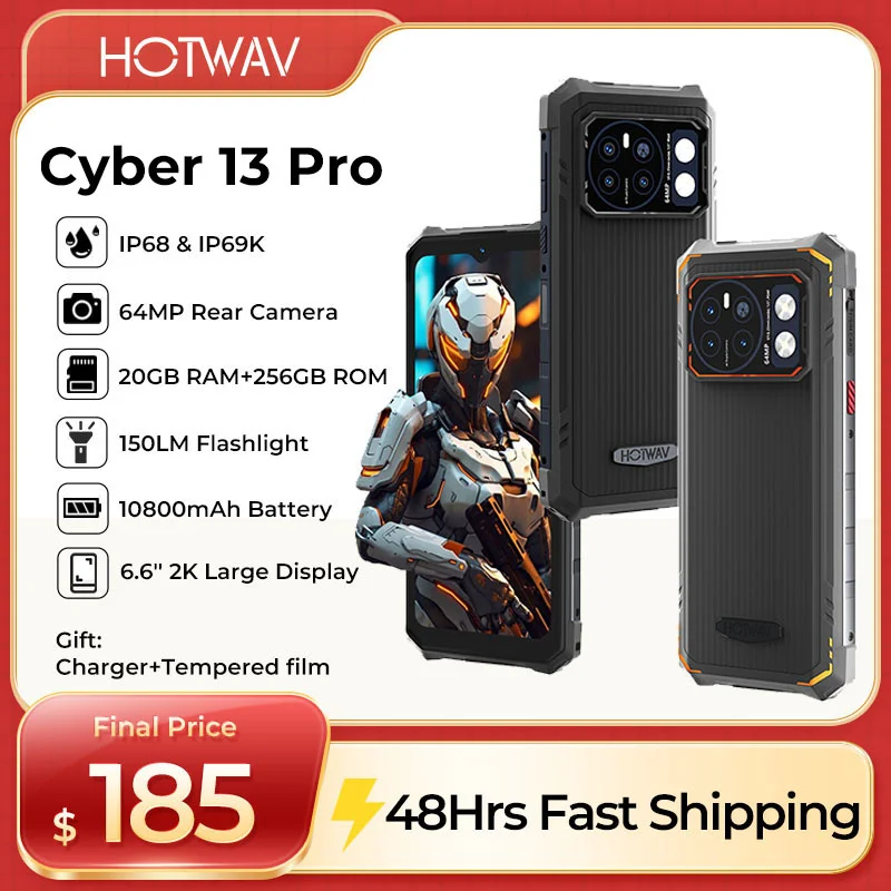 HOTWAV Cyber 13 Pro Rugged Smartphones Android 13 20GB+256GB Mobile Phone 150LM Flashlight 10800mAh 16MP+64MP Camera Cellphones