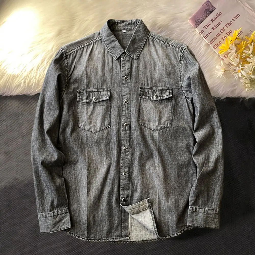 Men\'s Long-sleeved Solid Denim Shirt Fashion Classic Retro Denim Pocket Decoration Business Shirt Spring And Autumn Tops