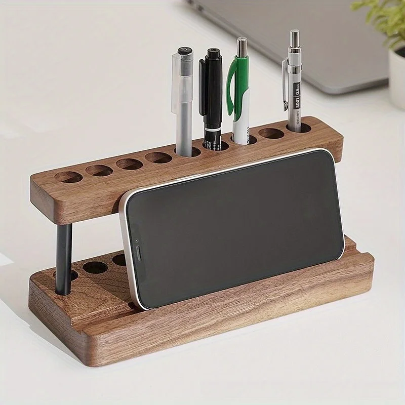 Retro Wooden  Holder Office Desk Stationery Pen Storage  Holder Multi Functional All in One Mobile Phone Stand  Holder