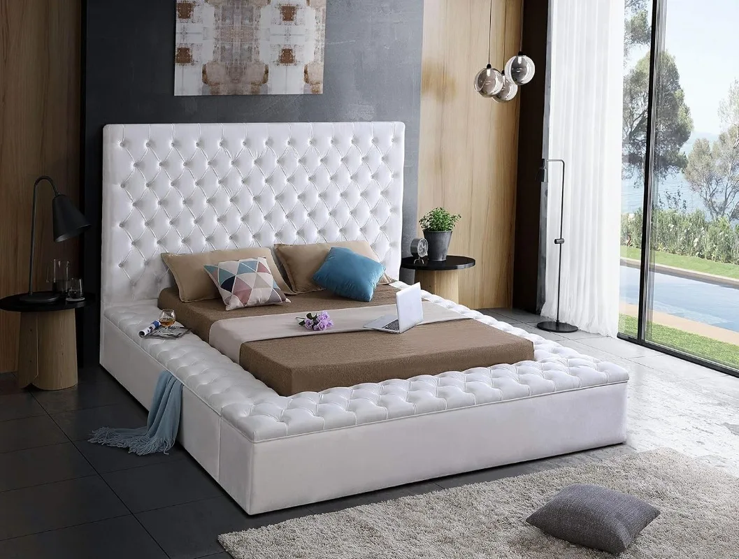 Bliss Collection Modern Contemporary Velvet Upholstered Bed with Deep Button Tufting and Storage Compartments White Queen