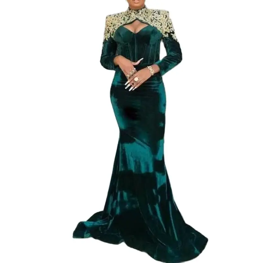 Plus Size Arabic Dark Green Mermaid Prom Dresses Lace Beaded Velvet Evening Formal Party Second Reception Gowns LB2129