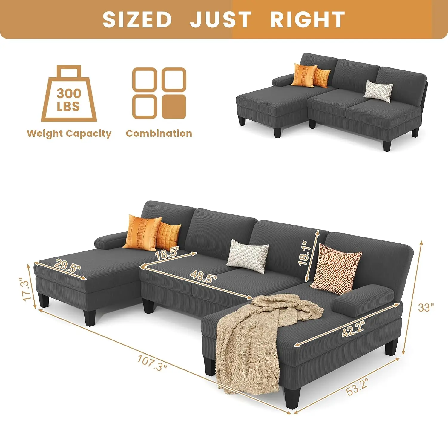 U-Shaped Sectional Sofa with Double Chaise, 108
