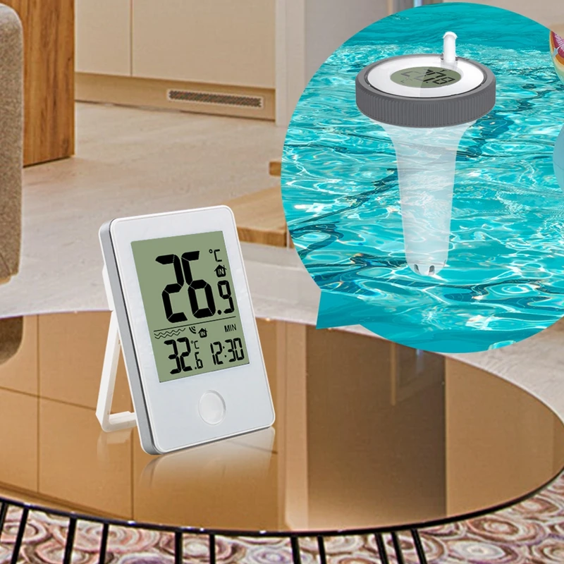 Wireless Digital Floating Pool Thermometer LCD Swimming Pool Bath Water Spas Aquariums In/Outdoor Temp Monitor Remote Time Clock