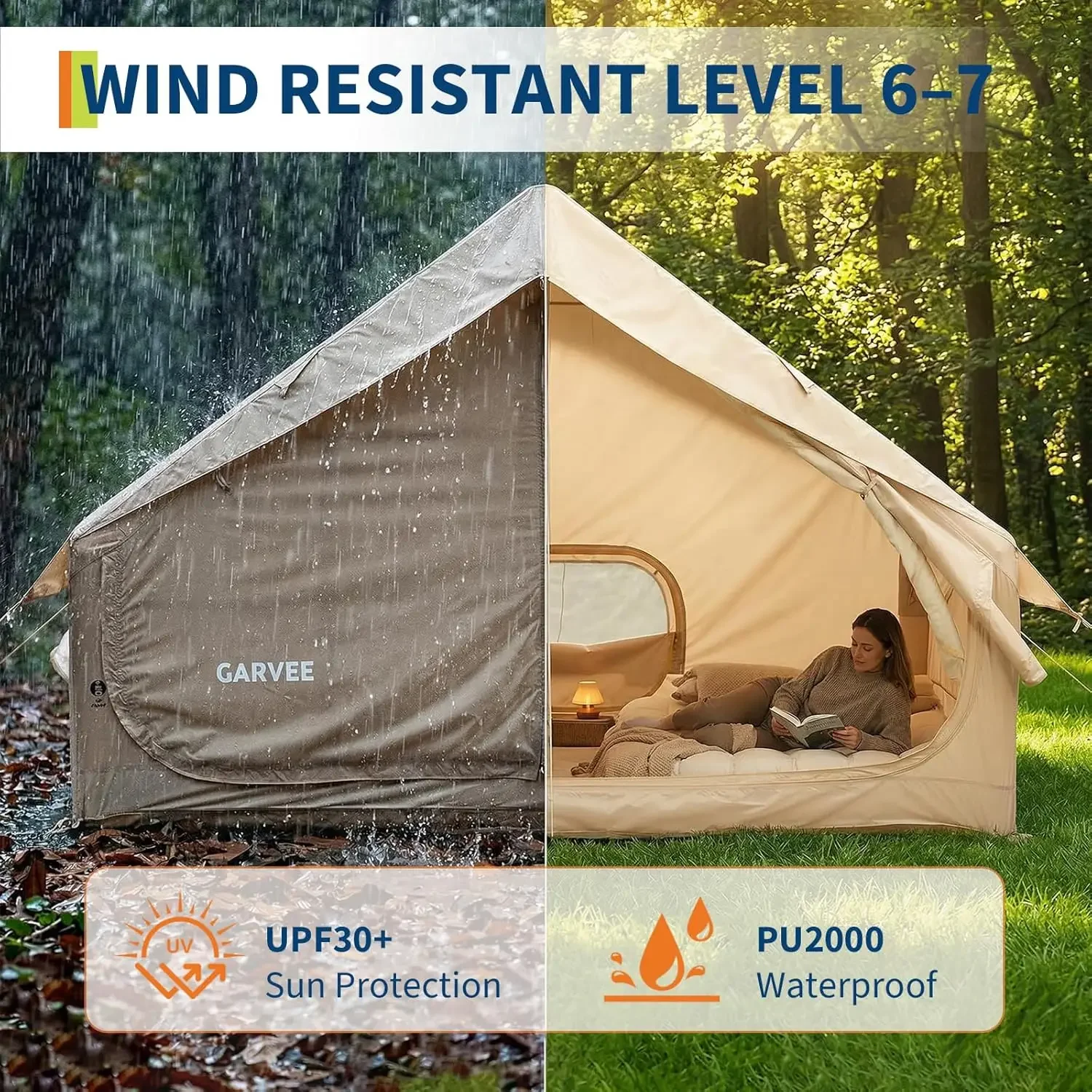 Garvee 6㎡ Inflatable Camping Tent with Stove Jack TPU Skylight Oxford 4 Season Waterproof Luxury Glamping Air Cabin Tent 4 people view 8
