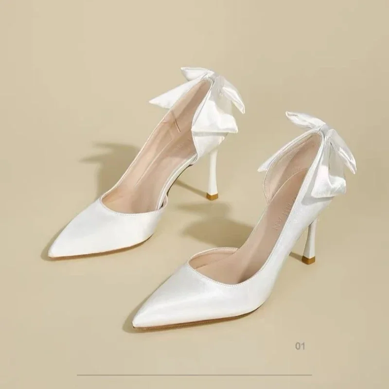 

Women's Single Shoes with Heels Silk Pointed Toe Bow Thin Heels Shoes Women Banquet Dress One Kick French Zapatillas De Mujer