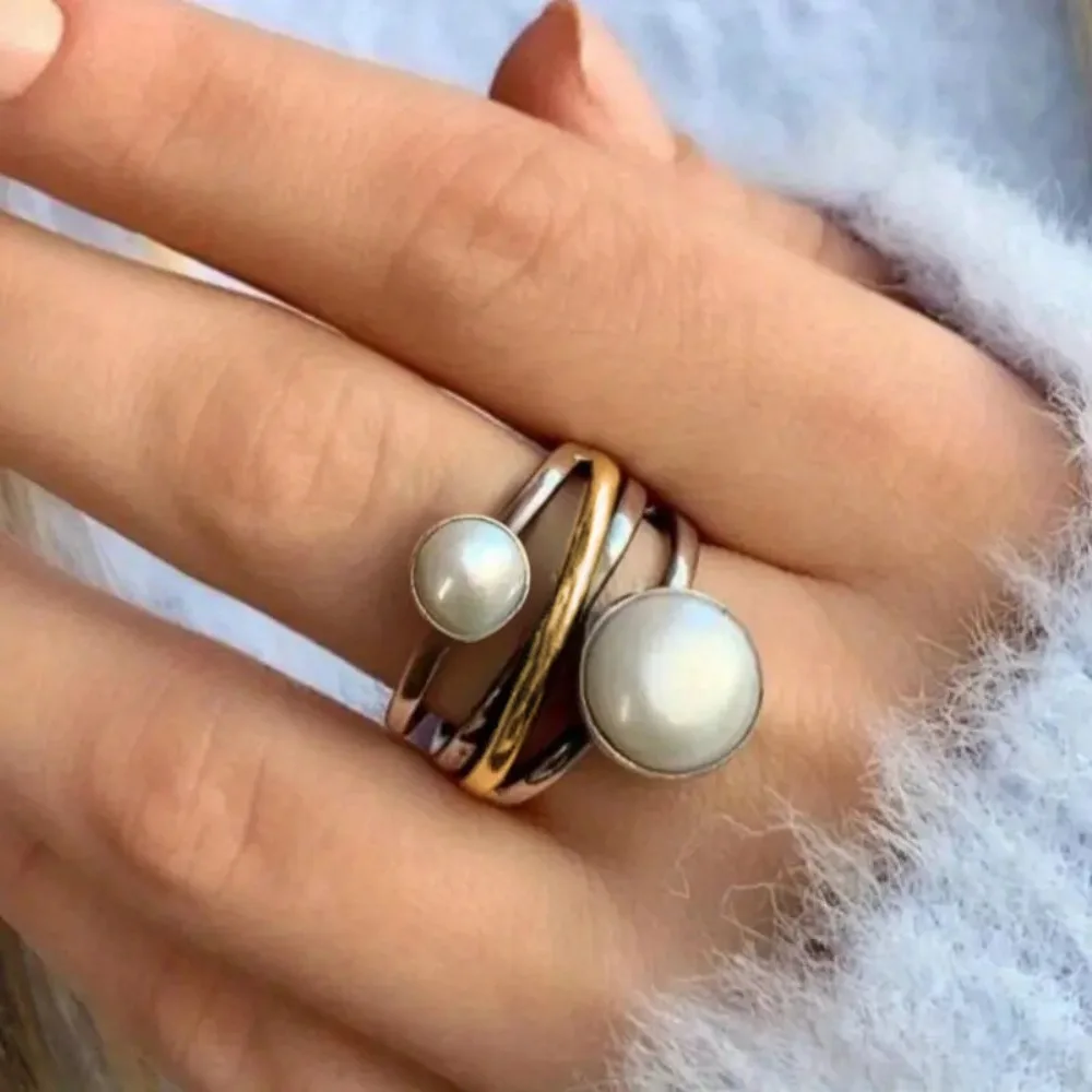 Boho Vintage Two‑Tone Multiple Layers Lines Interweaving Imitation Pearl Rings for Women Personality Fashion Finger Jewelry Gift