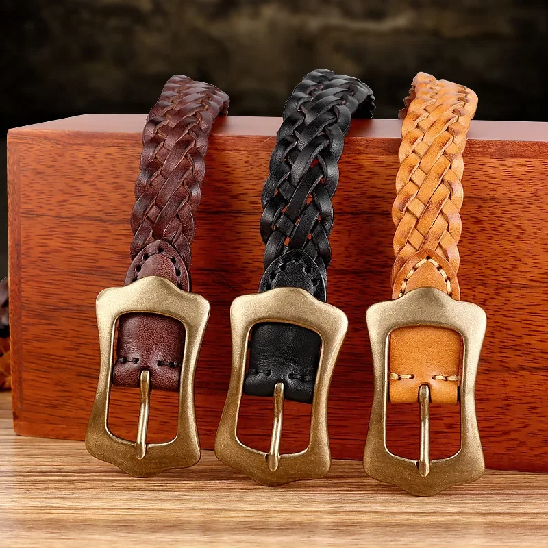 2024 New Arrival Handmade Weaved Women's Belt Genuine Leather Vintage Bronze Needle Buckle Decorative Jeans Belt