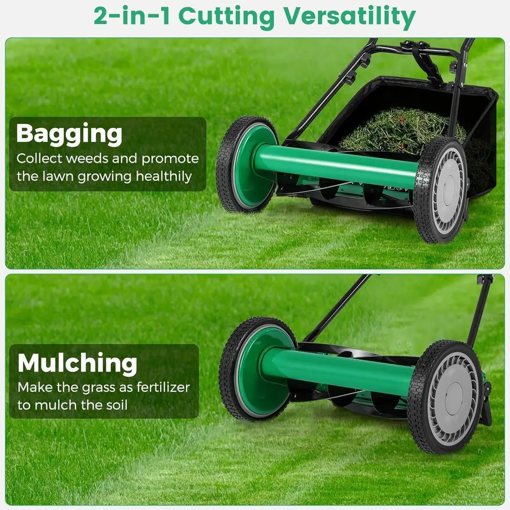 16Manual Rear Mower, Push Lawn Mower with 5 Steel lades, Adjustale Cutting Heights & Grass Catcher ag, Walk-ehind Grass Cutter L