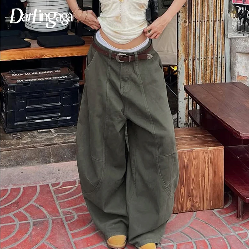 

Darlingag Army Green American Style Loose Curved Jeans Women's Streetwear Loose Hanging Feeling Cargo Denim Bottom Vintage Chic