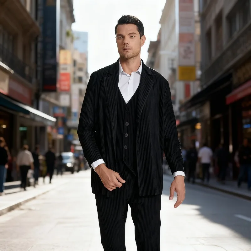 

Минималистичный черный повседневный пиджак Miyake, плиссированный 2026, новый мужской плащ, кардиган, деловая одежда без морщин для торжественных случаев