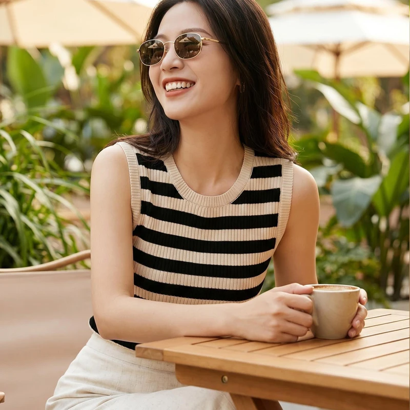 Korean Style round Neck Striped Tube Top Women's Knitted Sleeveless Casual Summer Fashion Sweet Fit Light Weight Breathable