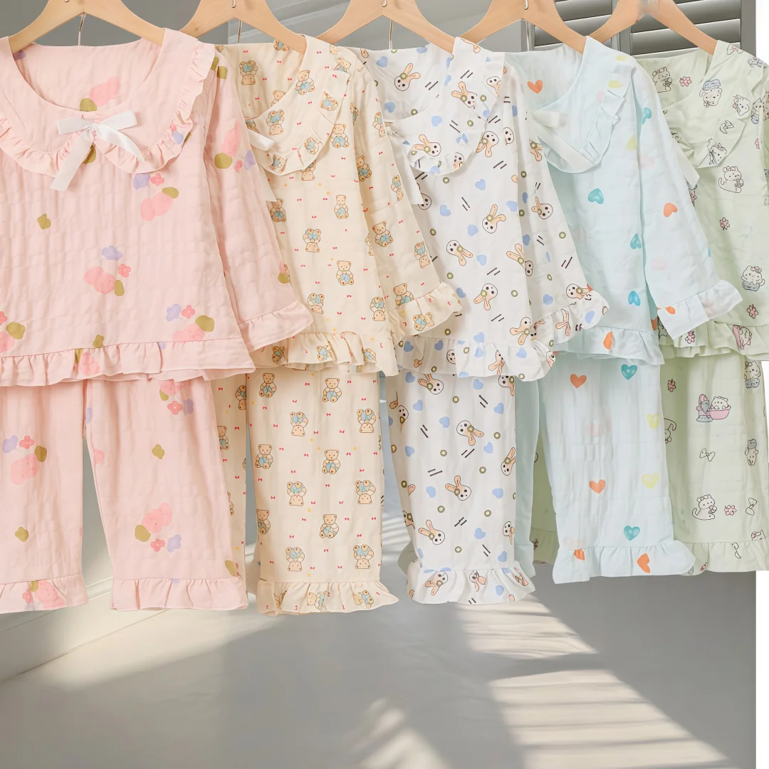 2026 Autumn Cute Thin  Girls Set Cartoon Print Bow Ruffle Long Sleeves 2 Pcs Clothes for Kids 2-9Y Soft Children Suit