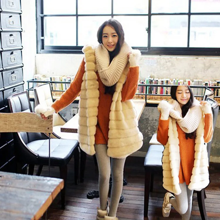 Imitation Fur Vest, Autumn and Winter Women's Hooded Long Coat, Artificial Fur, Korean Version of Rabbit Fur
