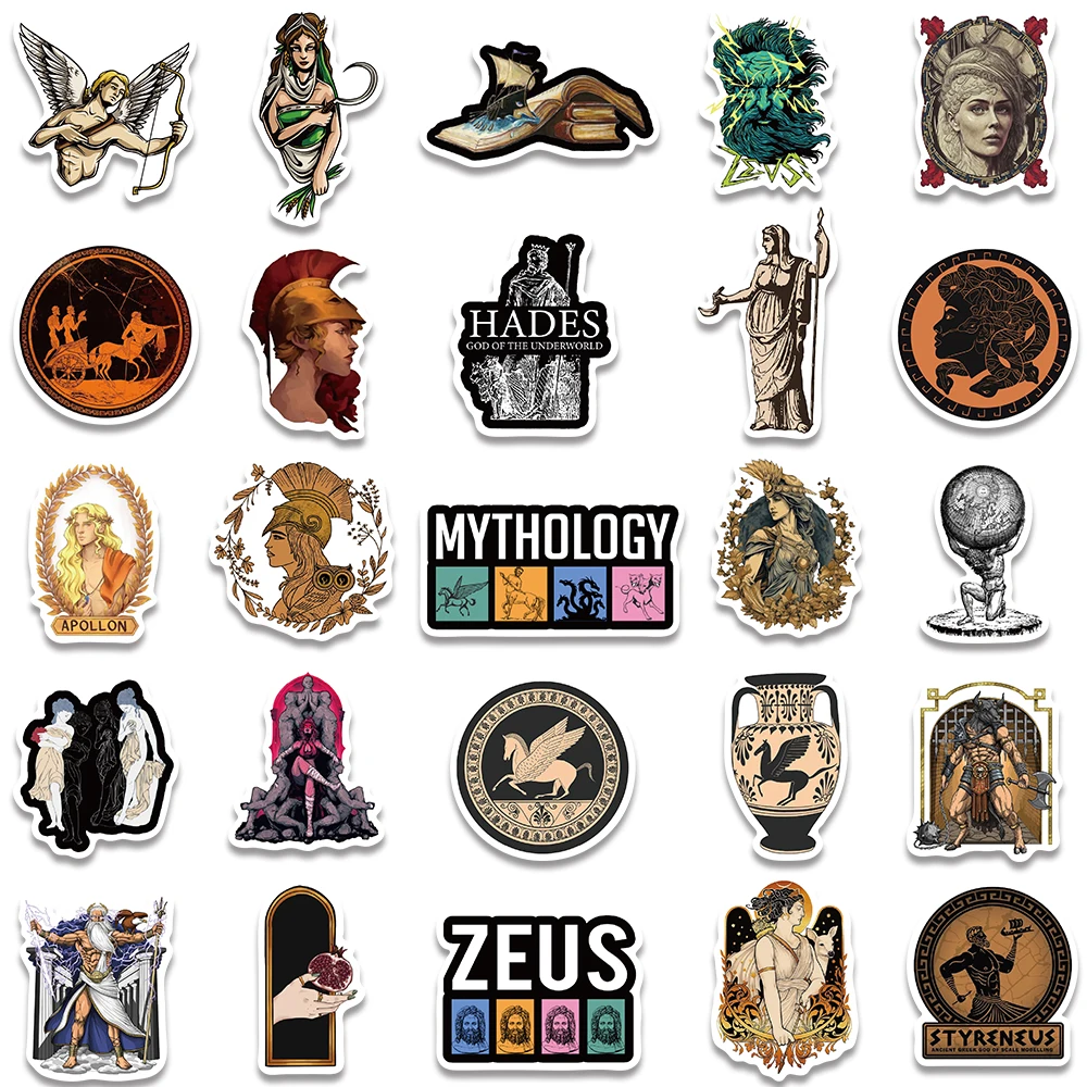 50pcs Aesthetic Cartoon Greek Mythology Stickers Zeus Ares Hades Water Bottle Sticker Luggage Laptop Guitar Phone Vinyl Decals