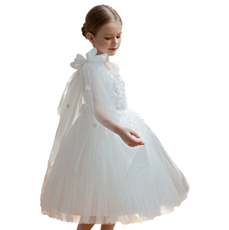 Retail New Baby Girls Boutique White Flower Performace Dress, Princess Kids Elegant Party Birthday Mesh Dress 3-7T