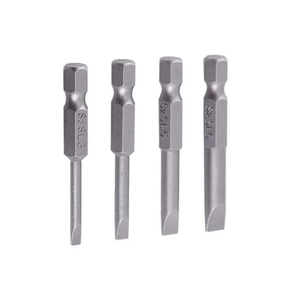 Cabeça chata Chave De Fenda Bits, Long Ponta Magnética, fenda Chave De Fenda Bits, S2Steel, 1/4 Polegada Shank, 50mm, 3-6mm, 4 Pcs