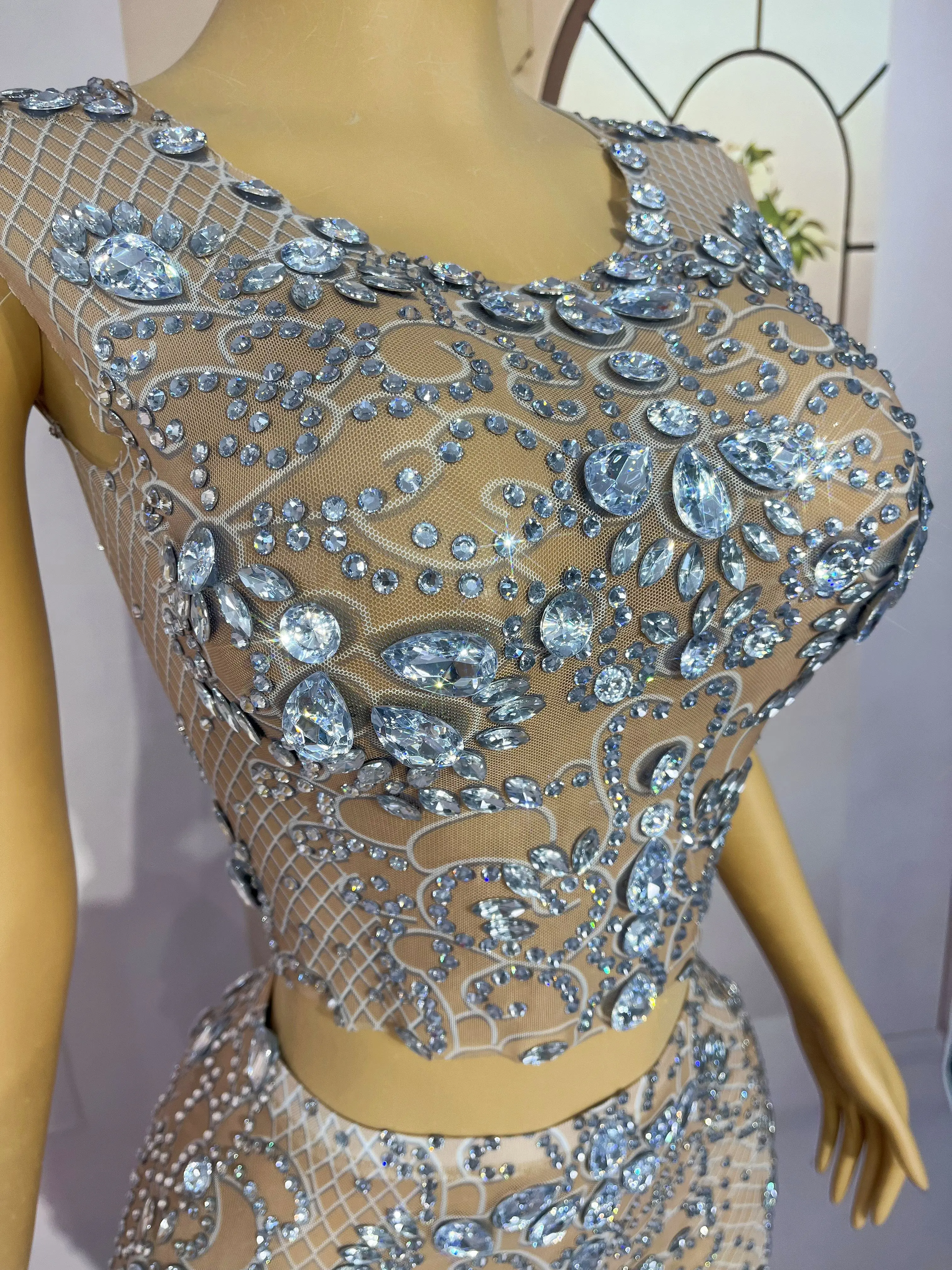 Mode Sparkly Strass Mesh Rock Set Frauen Party Hochzeit Prom Elegantes Kleid Roter Teppich Zeigen Bühne Kostüm Hualanfenti