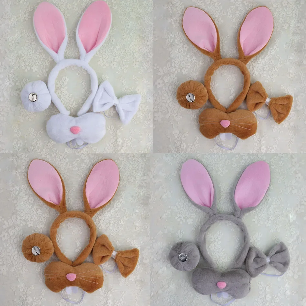 

Easter Bunny Costume for Adults Kids White Plush Rabbit Ears Headband Bowtie Nose Tail Set Cosplay Dress Up Accessories