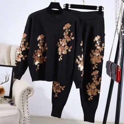 Black Knitted Set Women Sequins Gold leaf Knitting Pullover Sweater Pencil Pants Two Piece Outfits Female Loose Sports Suit 2pc