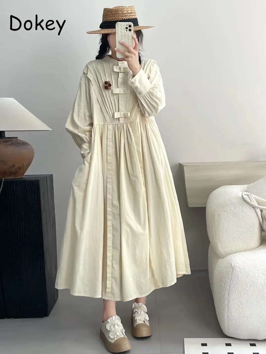 Vestido vintage de linho de algodão plissado manga longa feminino, vestido Kawaii elegante japonês solto de botões, simples e casual, outono