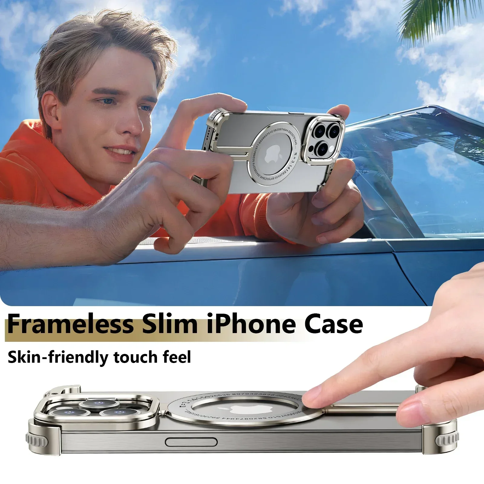 Eary for iPhone15 Pro Max Phone Case With Magsafe Phone Holder Frameless Metal Shockproof Protective Cover for iPhone14 Pro Max