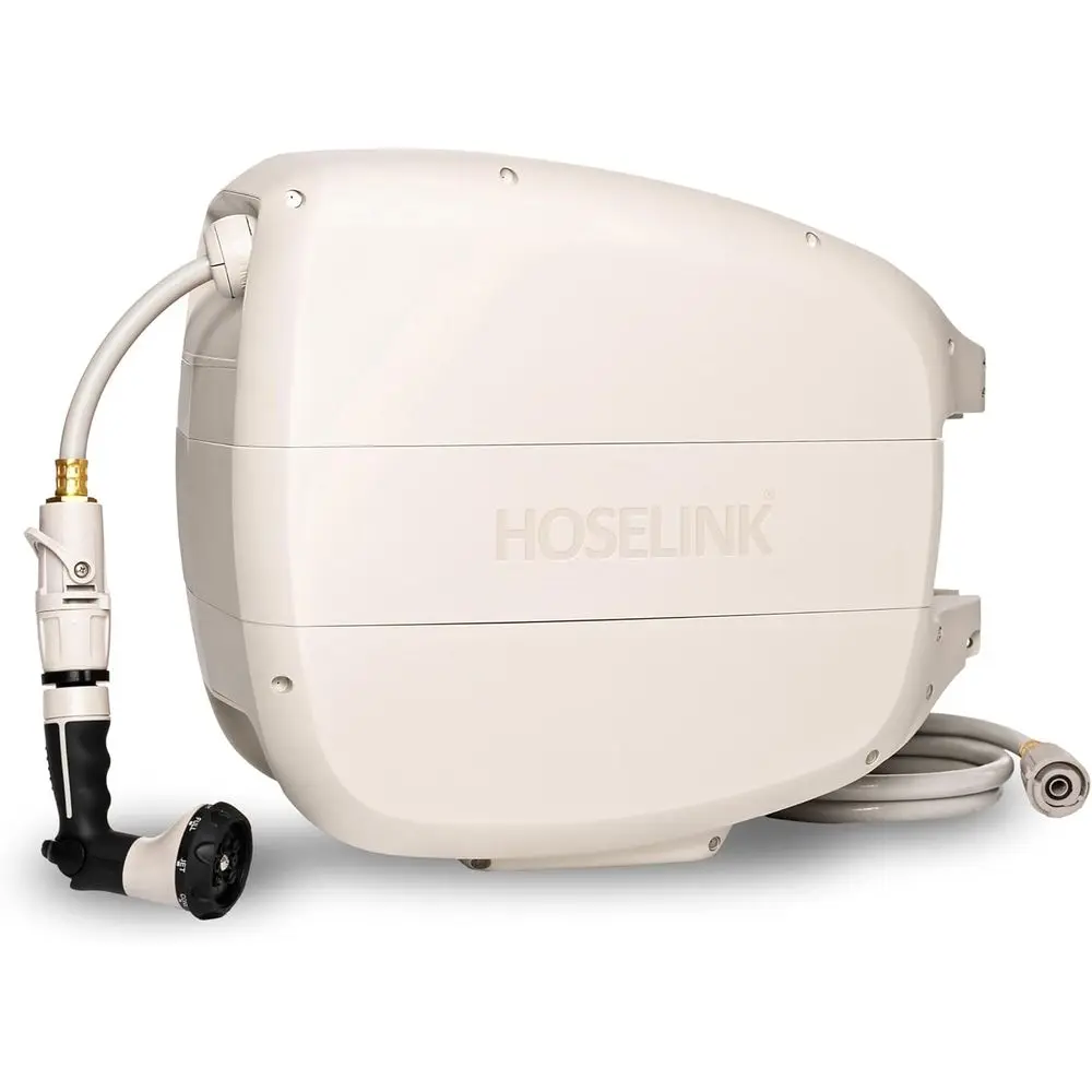 

Heavy-Duty 90ft Beige Retractable Hose with Automatic Rewind, Lockable, 180° Swivel, Wall-Mounted for Outdoor Watering