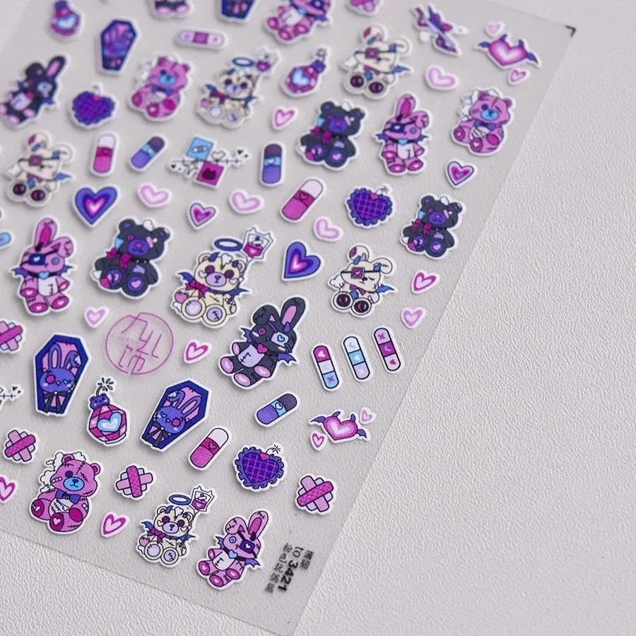 Darkness Blue Purple Bunny Bear Capsule Drug Wound Heart Rabbit Black Magic 3D Self Adhesive Nail Art Sticker 5D Manicure Decals