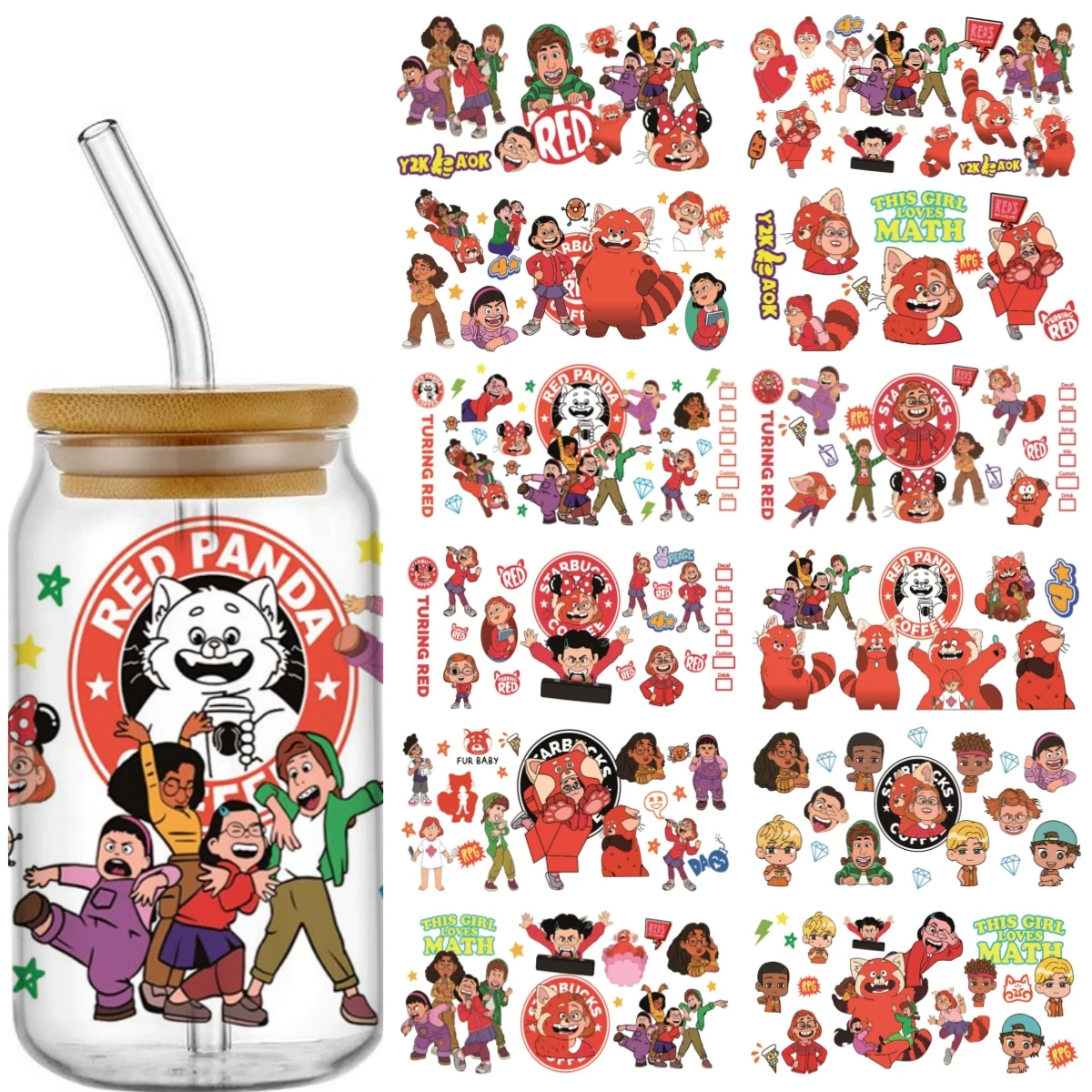 

2025 Miniso panda pattern 16oz UV DTF Cup Wrap Cartoon Libbey Glass Can Tumbler Transfer Stickers Waterproof Permanent Adhesive